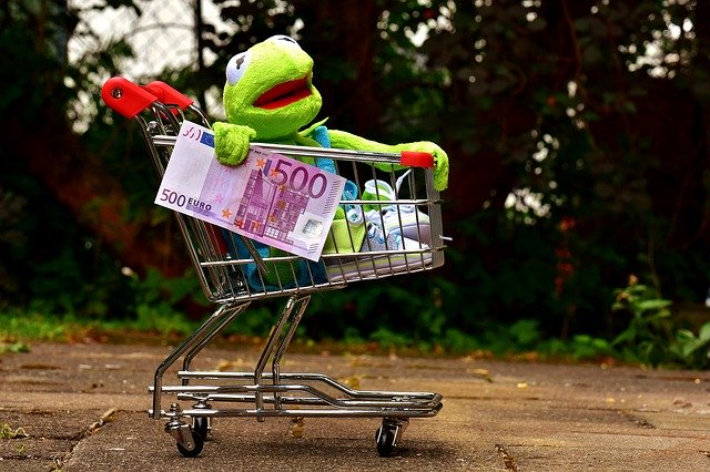 žába v nákupním košíku, bankovka 500 euro